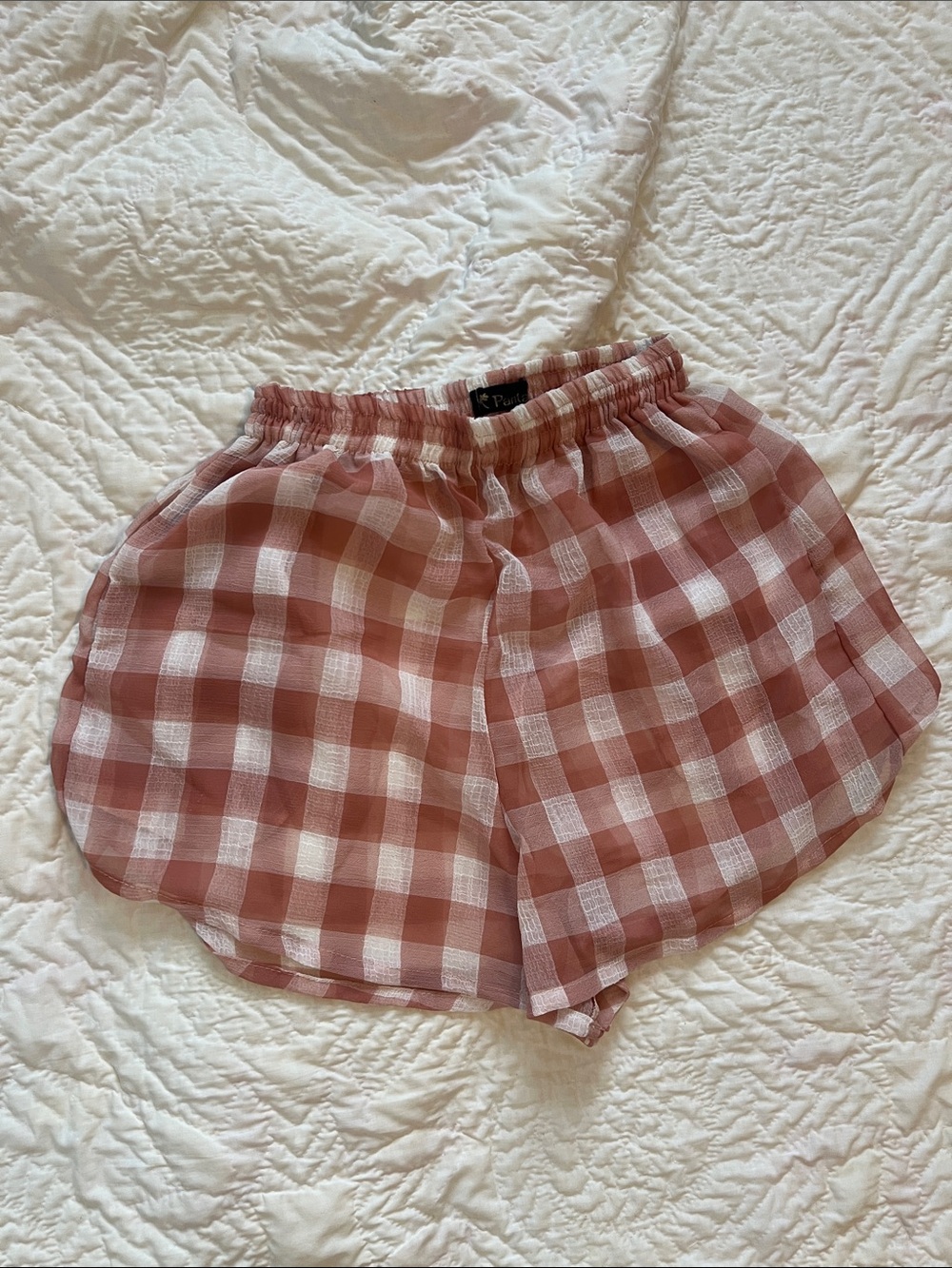 swimsuit cover gingham semi transparent Checkered Pink and White Women's Shorts